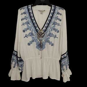 Boston Proper Embroidered Peasant Top Size Small White Blue Lace Up Boho Beachy